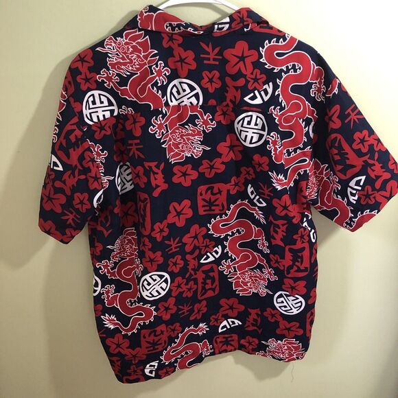 Surf Waves Men's Tropical Casual Button Down Shirt Red Blue Dragons Small - Picture 5 of 5